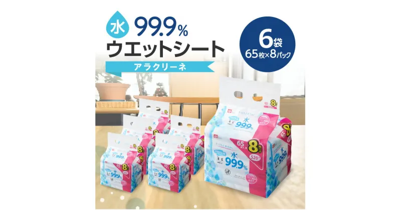 【ふるさと納税】【3か月定期便】ウエットシート 65枚×8パック 6袋×3か月 水99.9％ アラクリーネ コンパクトサイズ オーバーストップ機能 シート 取り出しやすい 無香料 ノンアルコール パラベンフリー 持ち歩き 便利 日用品 送料無料 40000円