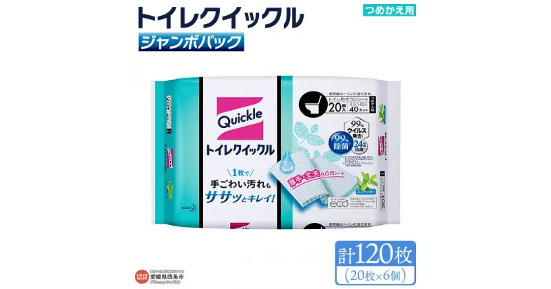 【ふるさと納税】＜トイレクイックル つめかえ用 ジャンボパック 計120枚（20枚×6個）＞ ※翌月末迄に順次出荷します 拭き掃除 シート そうじ 厚手 清潔 除菌 抗菌 トイレに流せる 詰め替え 使い捨て 日用消耗品 生活雑貨 防災 花王 愛媛県 西条市 【常温】