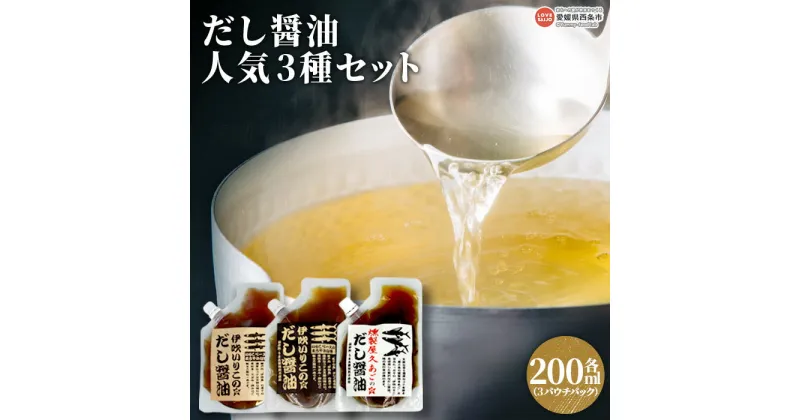 【ふるさと納税】＜だし醤油 人気3種セット パウチパック 各200ml＞※翌月末迄に順次出荷します 出汁醬油 しょうゆ 液体だし しろだし 白だし おためし 食べ比べ 簡単 かんたん うどん 卵かけご飯 肉じゃが 煮物 つゆ 伊吹いりこ ミツボシ 三星食品 愛媛県 西条市【常温】