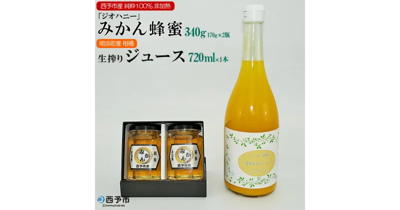 【ふるさと納税】＜みかん蜂蜜「ジオハニー」170g2瓶+柑橘生搾りジュース720ml1本＞※1か月以内に順次出荷 はちみつ みかん 柑橘 ジュース 非加熱 純粋100％ 飲んで応援 愛媛県 西予市 【常温】