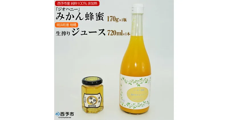 【ふるさと納税】＜みかん蜂蜜「ジオハニー」170g1瓶+柑橘生搾りジュース720ml1本＞※1か月以内に順次出荷 はちみつ みかん 柑橘 ジュース 非加熱 純粋100％ 飲んで応援 愛媛県 西予市 【常温】