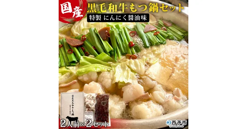 【ふるさと納税】＜国産 黒毛和牛 もつ鍋セット 特製 にんにく醤油味（2人前×2セット）＞※1か月以内に順次出荷します。 濃縮 特製スープ 鷹の爪 簡単調理 下処理済み 野福 愛媛県 西予市 【冷凍】