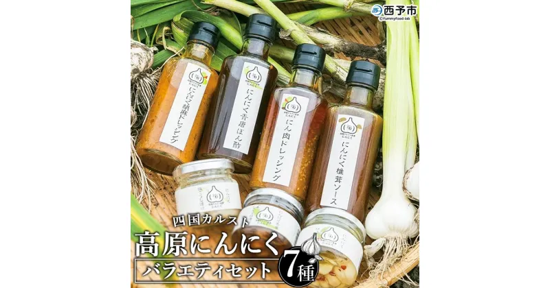 【ふるさと納税】＜四国カルスト 高原にんにく バラエティセット 7種＞ ニンニク 国産 野菜 醤油 福地ホワイト六片種 青唐辛子 ぽん酢 塩麹 ピクルス チョレギ 胡麻 椎茸 ドレッシング つまみ 漬け タレ 調味料 (株)祐 愛媛県 西予市【常温】『1か月以内に順次出荷予定』