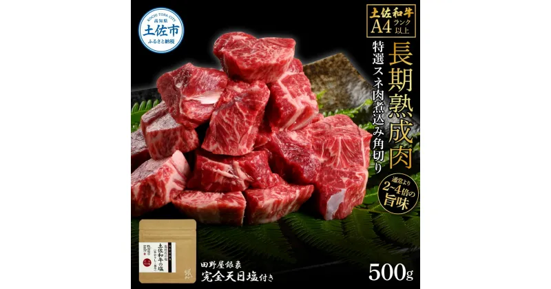 【ふるさと納税】土佐和牛 特選スネ肉煮込み角切り500g 田野屋銀象完全天日塩1P付き 長期熟成肉 田野屋銀象 完全天日塩付き スネ肉 煮込み 角切り 肉 お肉 和牛 牛肉 国産 牛 熟成肉 豪華 贅沢 真空パック 冷凍配送 新鮮 美味しい 故郷納税 高知県 土佐市