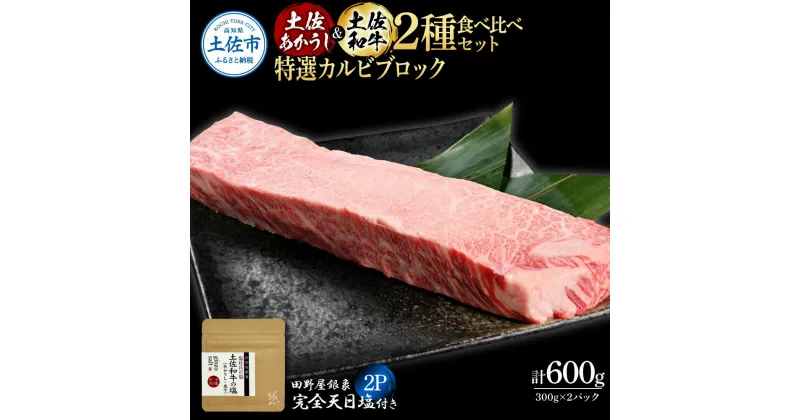 【ふるさと納税】土佐あかうし＆土佐和牛2種食べ比べ 特選カルビブロック300g 計2P 田野屋銀象完全天日塩2P付 牛肉 肉 お肉 和牛 国産 牛 赤身 ヒレ カルビ ロース ブロック サーロイン スネ肉 熟成肉 豪華 贅沢 真空パック 冷凍配送 新鮮 故郷納税 高知県 土佐市